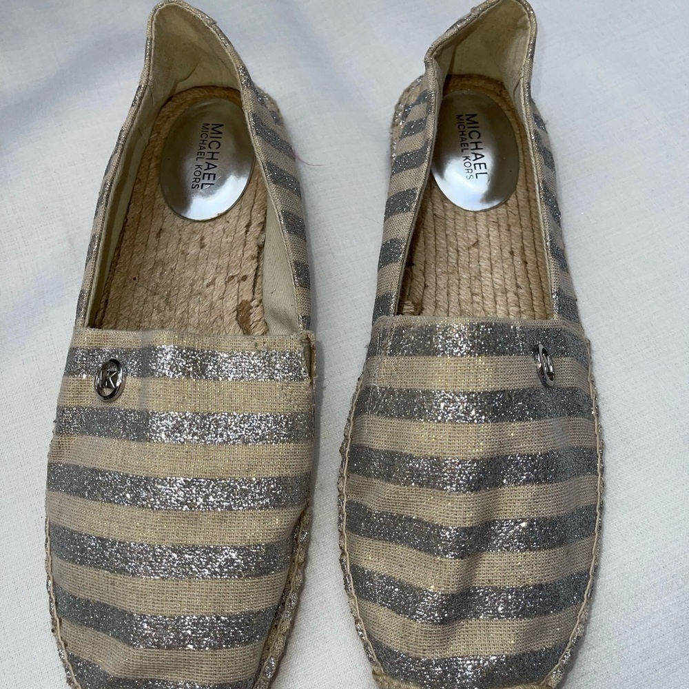 Michael Kors Glittering Silver and Beige Espadrilles.